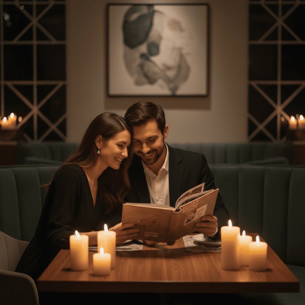 pareja mirando un álbum de recuerdos personalizados con emoción y ternura