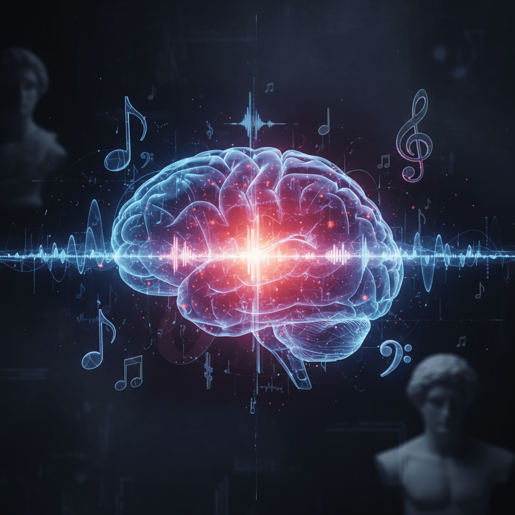 ilustración conceptual de un cerebro formado por ondas de sonido y notas musicales representando la unión entre inteligencia artificial y creatividad humana