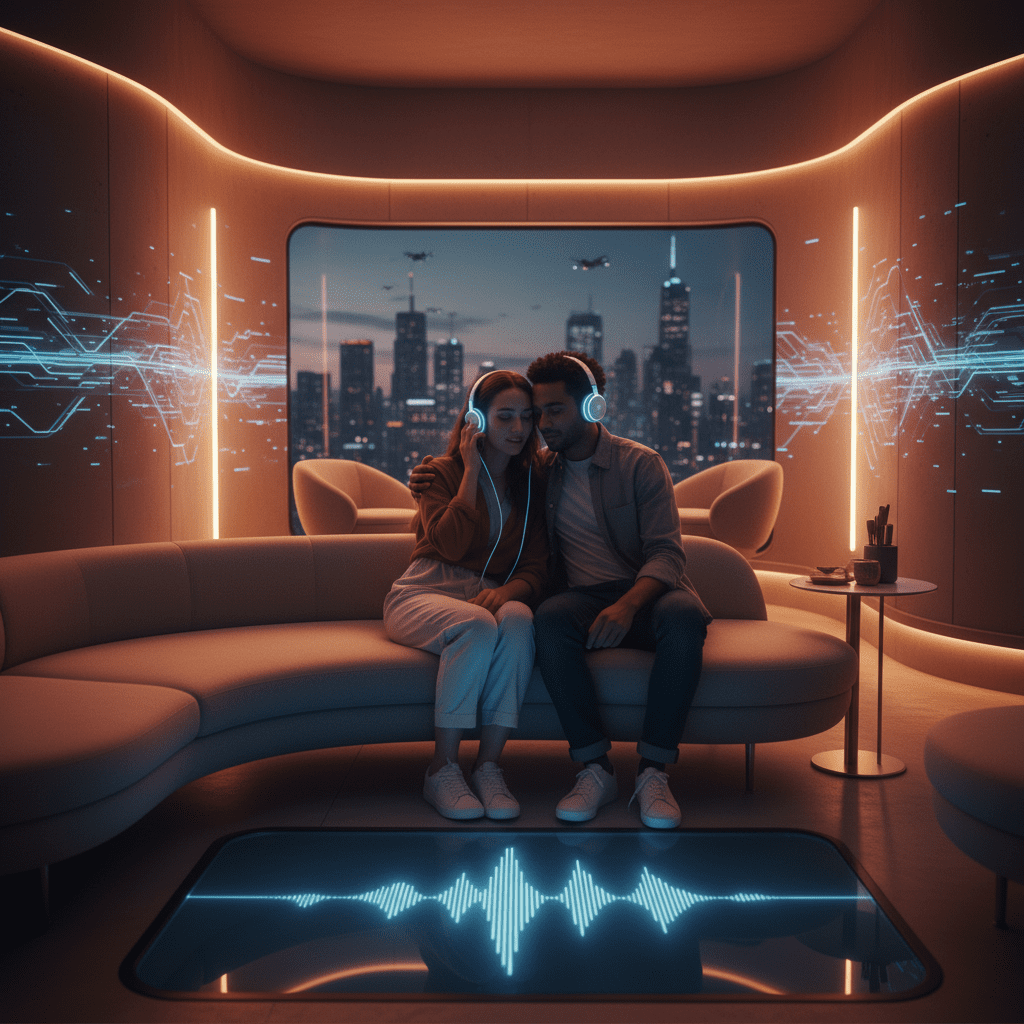 pareja escuchando su canción personalizada en una habitación con luces futuristas y ambiente cálido