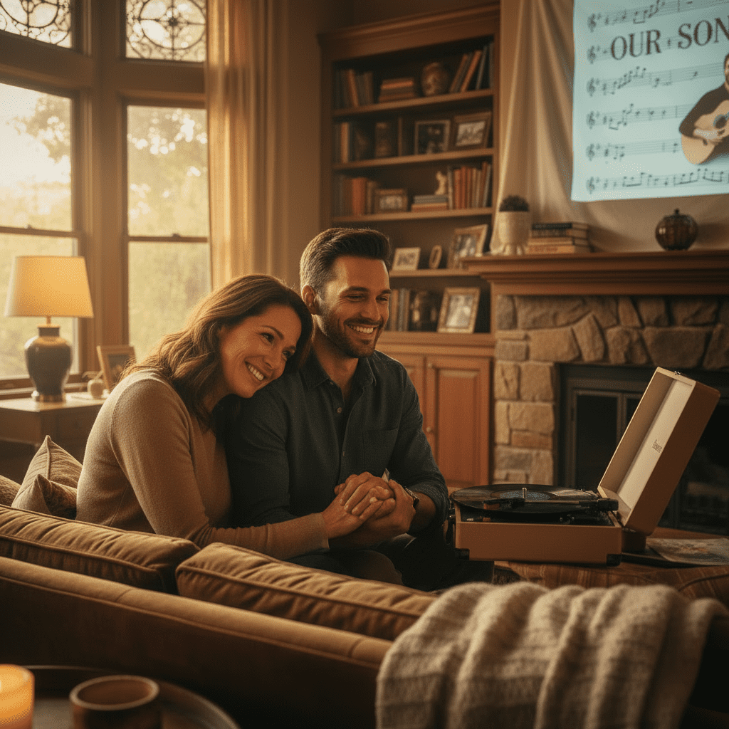pareja escuchando una canción personalizada con emoción y ternura