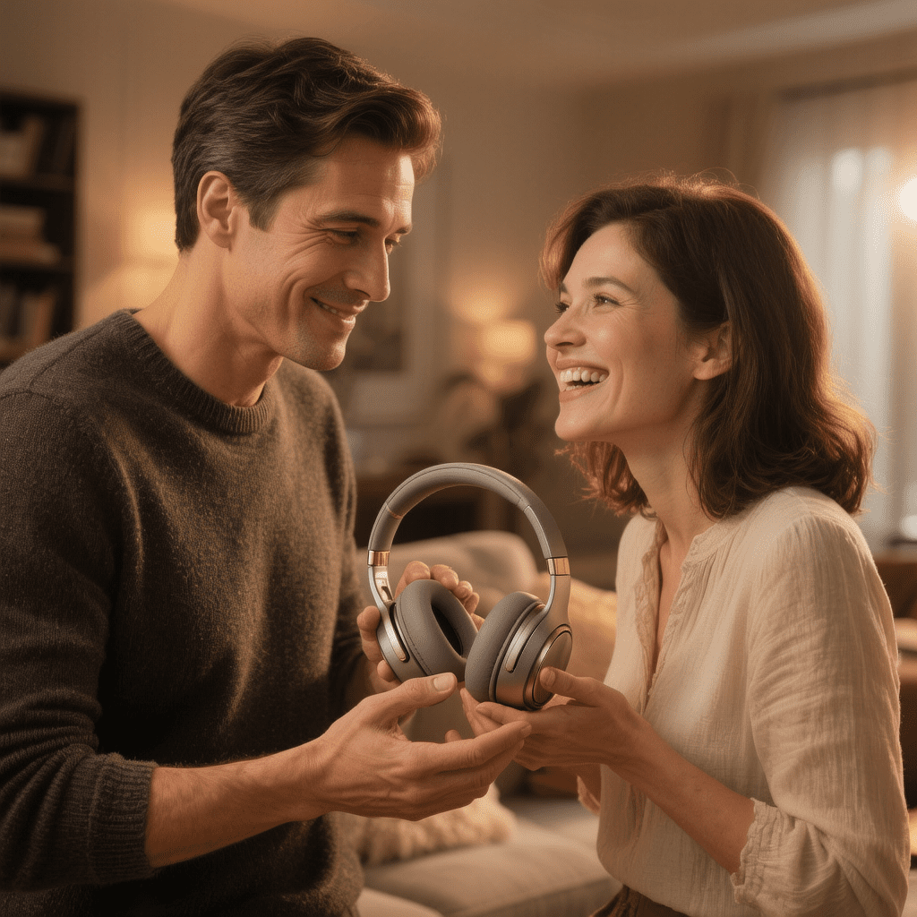 hombre regalando unos auriculares a una mujer como símbolo de una canción personalizada