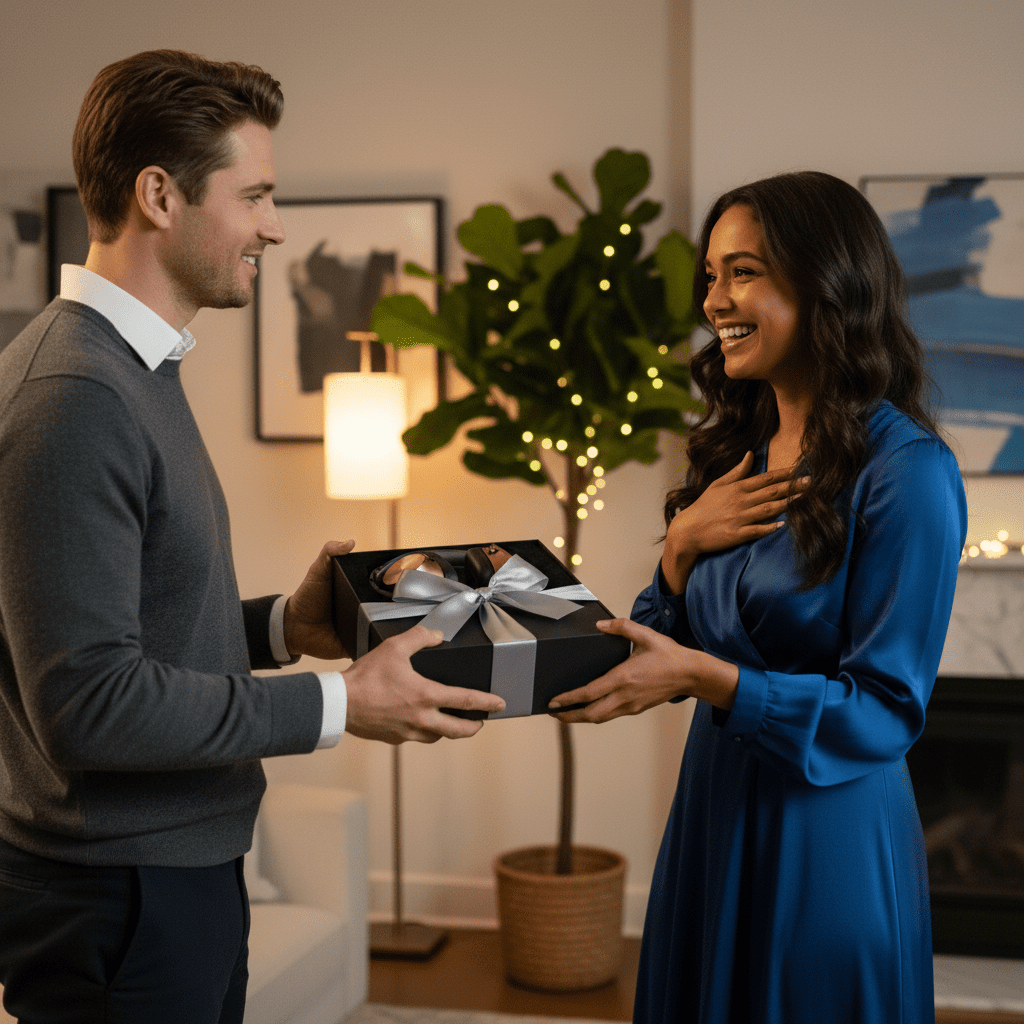 hombre entregando una caja de regalo con auriculares como símbolo de una canción personalizada