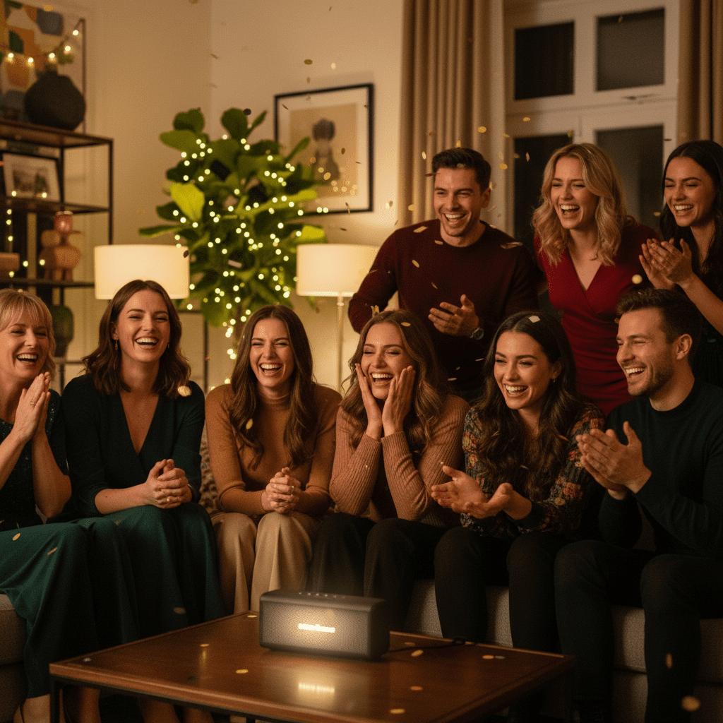 grupo de amigos celebrando un cumpleaños mientras escuchan una canción personalizada
