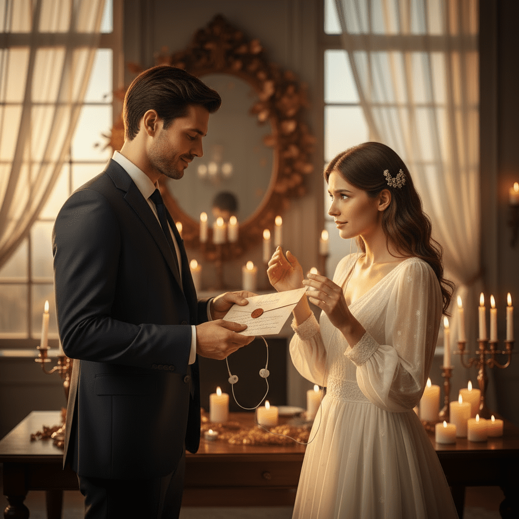 hombre entregando una carta y unos auriculares como regalo romántico de aniversario