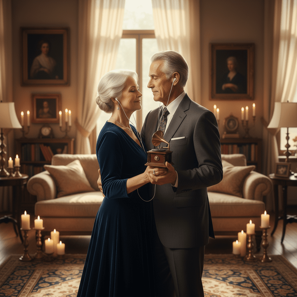 pareja mayor bailando juntos mientras escuchan su canción personalizada de aniversario