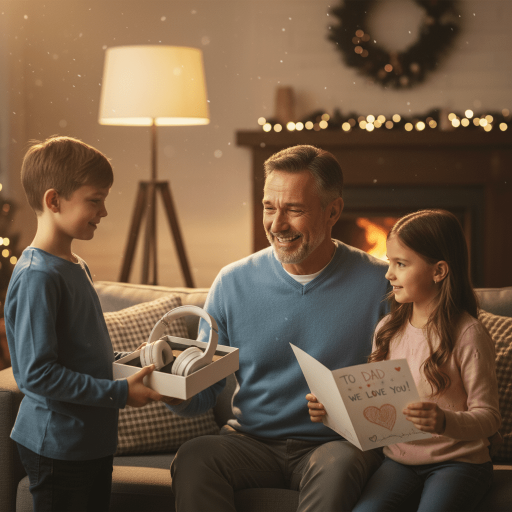 padre emocionado recibiendo unos auriculares y una carta como regalo musical personalizado