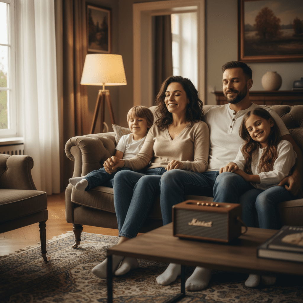 familia reunida en el sofá escuchando una canción personalizada con emoción y sonrisas