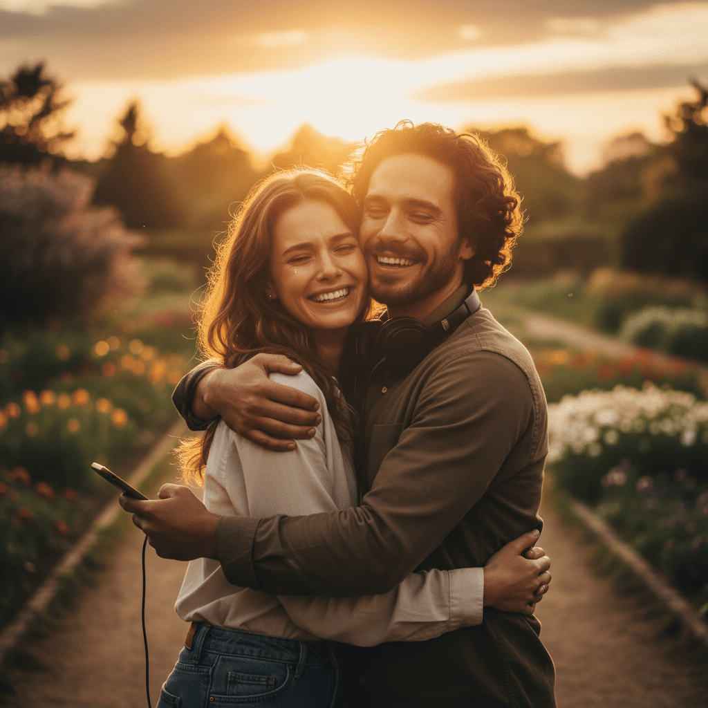 amigos abrazándose emocionados después de escuchar una canción personalizada