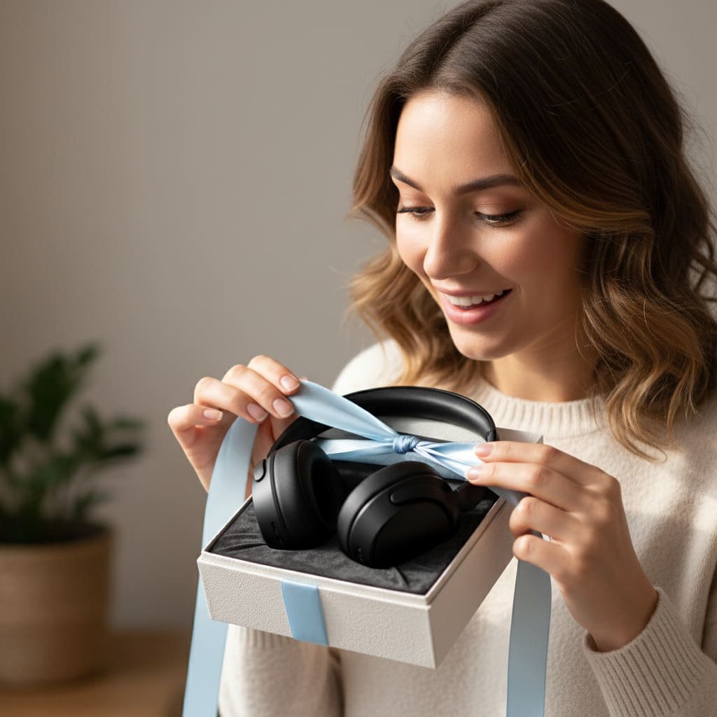 persona abriendo una caja de regalo con auriculares y expresión de sorpresa